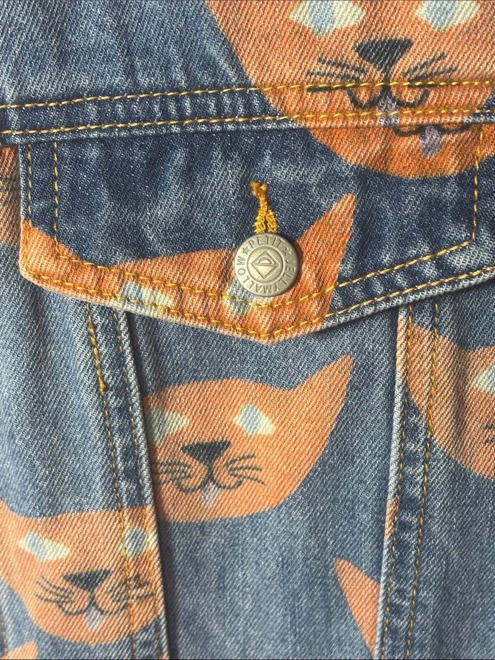 Jellymallow Sylvan Boggs Kids Orange Cat Face Denim Jacket Blue Light Wash